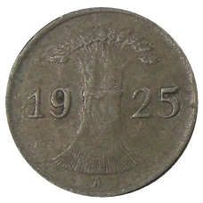 Монета 1 рейхспфенниг 1925 года A Германия (аверс)
