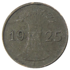 Монета 1 рейхспфенниг 1925 года J Германия (аверс)