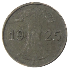 Монета 1 рейхспфенниг 1925 года J Германия (аверс)
