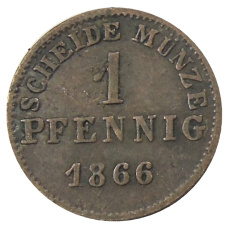 Монета 1 пфенниг 1866 года Гермнаские государства — Гессен — Дармштадт (аверс)