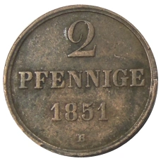 Монета 2 пфеннига 1851 года B Германские государства — Ганновер (аверс)