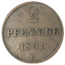 Монета 2 пфеннига 1851 года B Германские государства — Брауншвейг (аверс)