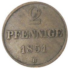 Монета 2 пфеннига 1851 года B Германские государства — Брауншвейг (аверс)