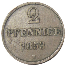 Монета 2 пфеннига 1853 года B Германские государства — Ганновер (аверс)