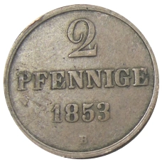 Монета 2 пфеннига 1853 года B Германские государства — Ганновер (аверс)