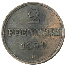 Монета 2 пфеннига 1851 года B Германские государства — Ганновер (аверс)