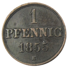 Монета 1 пфенниг 1855 года В Германские государства — Ганновер (аверс)
