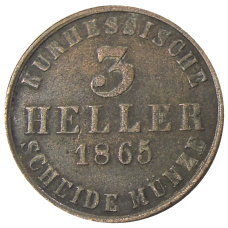 Монета 3 геллера 1865 года Германские государства — Гессен — Кассель (аверс)