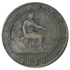 Монета 2 сентимо 1870 года Испания (аверс)