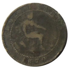 Монета 2 сентимо 1870 года Испания (аверс)