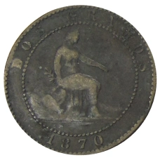 Монета 2 сентимо 1870 года Испания (аверс)