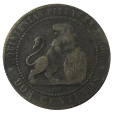 Монета 2 сентимо 1870 года Испания (реверс)