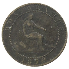 Монета 2 сентимо 1870 года Испания (аверс)