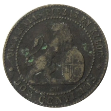 Монета 2 сентимо 1870 года Испания (реверс)