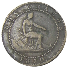 Монета 2 сентимо 1870 года Испания (аверс)