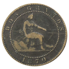 Монета 2 сентимо 1870 года Испания (аверс)