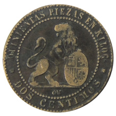 Монета 2 сентимо 1870 года Испания (реверс)