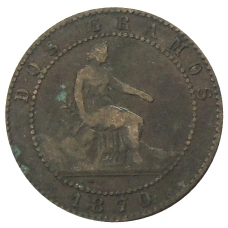 Монета 2 сентимо 1870 года Испания (аверс)