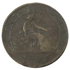 Монета 2 сентимо 1870 года Испания (аверс)