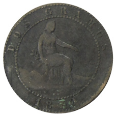 Монета 2 сентимо 1870 года Испания (аверс)
