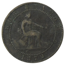 Монета 2 сентимо 1870 года Испания (аверс)