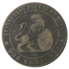 Монета 2 сентимо 1870 года Испания (реверс)