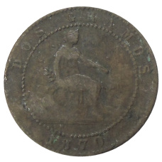 Монета 2 сентимо 1870 года Испания (аверс)