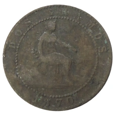 Монета 2 сентимо 1870 года Испания (аверс)