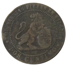 Монета 2 сентимо 1870 года Испания (реверс)