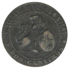 Монета 2 сентимо 1870 года Испания (реверс)