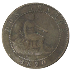 Монета 2 сентимо 1870 года Испания (аверс)