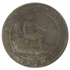 Монета 2 сентимо 1870 года Испания (аверс)