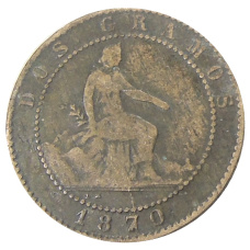 Монета 2 сентимо 1870 года Испания (аверс)