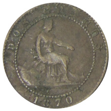 Монета 2 сентимо 1870 года Испания (аверс)