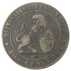 Монета 2 сентимо 1870 года Испания (реверс)