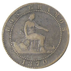 Монета 2 сентимо 1870 года Испания (аверс)