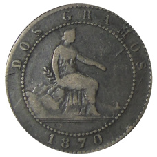 Монета 2 сентимо 1870 года Испания (аверс)
