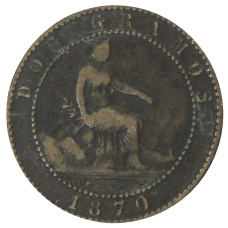 Монета 2 сентимо 1870 года Испания (аверс)