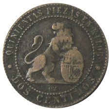 Монета 2 сентимо 1870 года Испания (реверс)