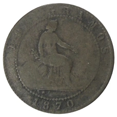 Монета 2 сентимо 1870 года Испания (аверс)