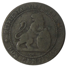Монета 2 сентимо 1870 года Испания (реверс)