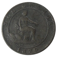 Монета 2 сентимо 1870 года Испания (аверс)