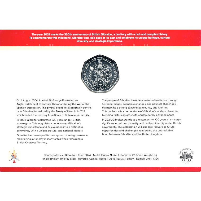 Монета 50 пенсов 2024 года Гибралтар «320 лет захвату Гибралтара» (в блистере) (вид 2)