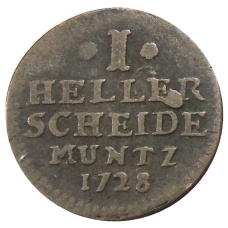 Монета 1 геллер 1728 года Германсике государства — Гессен — Кассель (аверс)
