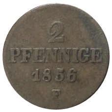 Монета 2 пфеннига 1856 года F Германские государства — Саксония (аверс)