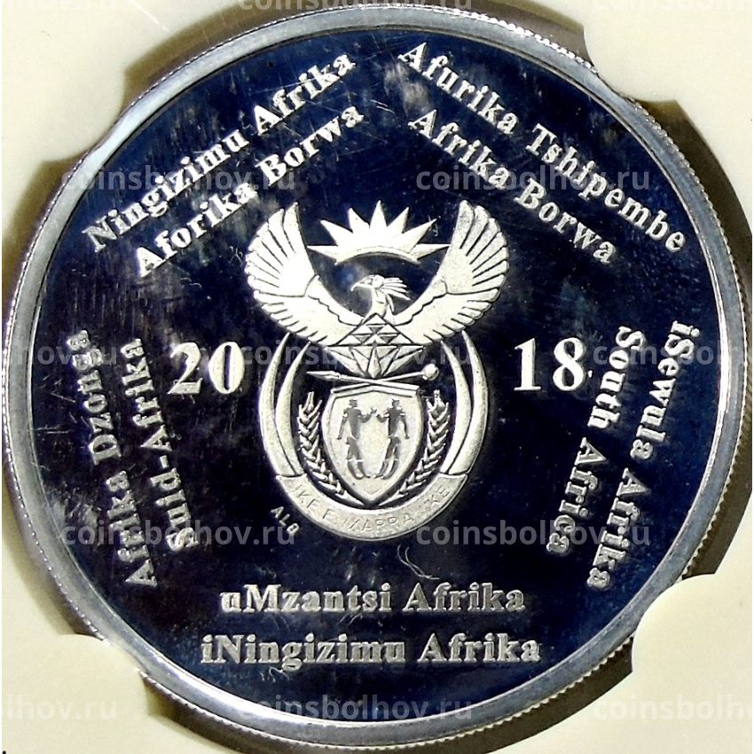 Монета 2 рэнда 2018 года ЮАР «Чемпионат мира по футболу 2018, Россия» (в слабе) (вид 2)