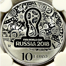 Монета 10 евро 2018 года Италия «Чемпионат мира по футболу 2018, Россия» (в слабе) (аверс)