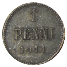 Монета 1 пенни 1911 года Русская Финляндия (аверс)