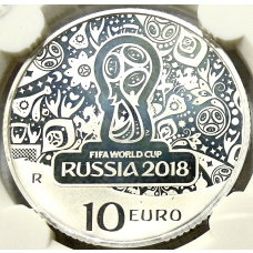Монета 10 евро 2018 года Италия «Чемпионат мира по футболу 2018, Россия» (в слабе) (аверс)