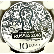 Монета 10 евро 2018 года Италия «Чемпионат мира по футболу 2018, Россия» (в слабе) (аверс)